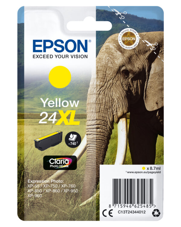 C13T24344012 Epson Elephant Singlepack Yellow 24XL Claria Photo HD Ink